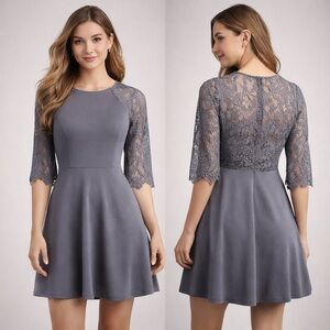 BB Dakota Gray Lace Sleeve Fit & Flare Dress Scalloped Lace Cocktail M